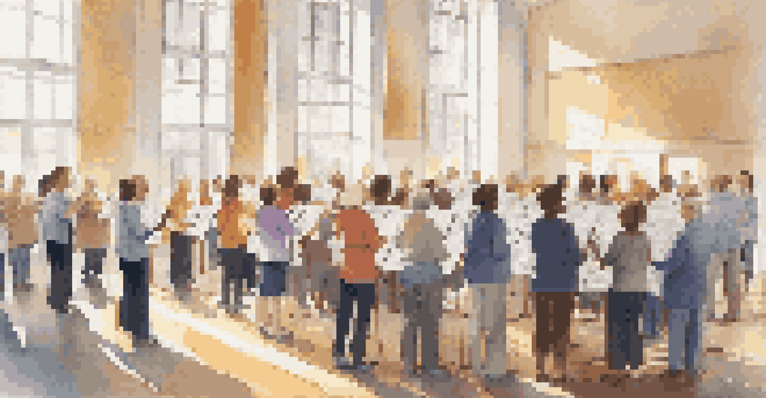 A diverse community choir singing together in a bright hall, with sheet music on stands and sunlight streaming through large windows.