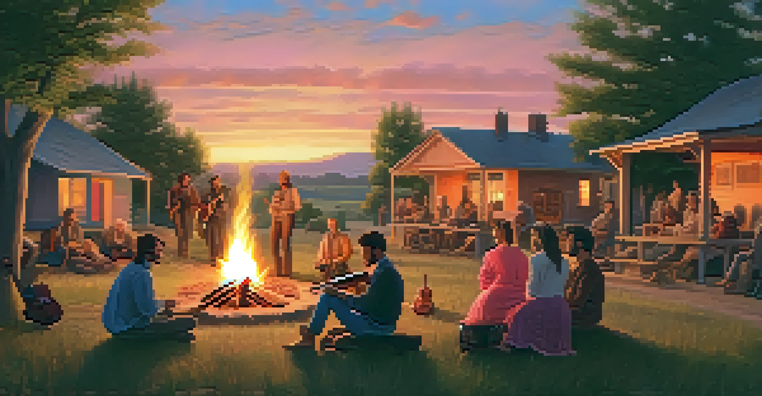 Musicians gathered around a campfire at sunset in a rural village, playing folk music.