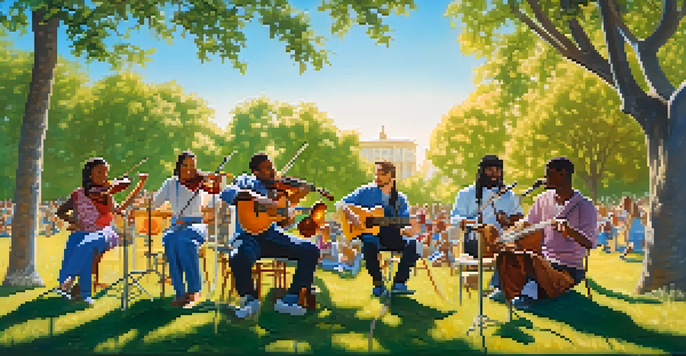 A diverse group of musicians playing instruments together in a sunny park surrounded by nature.