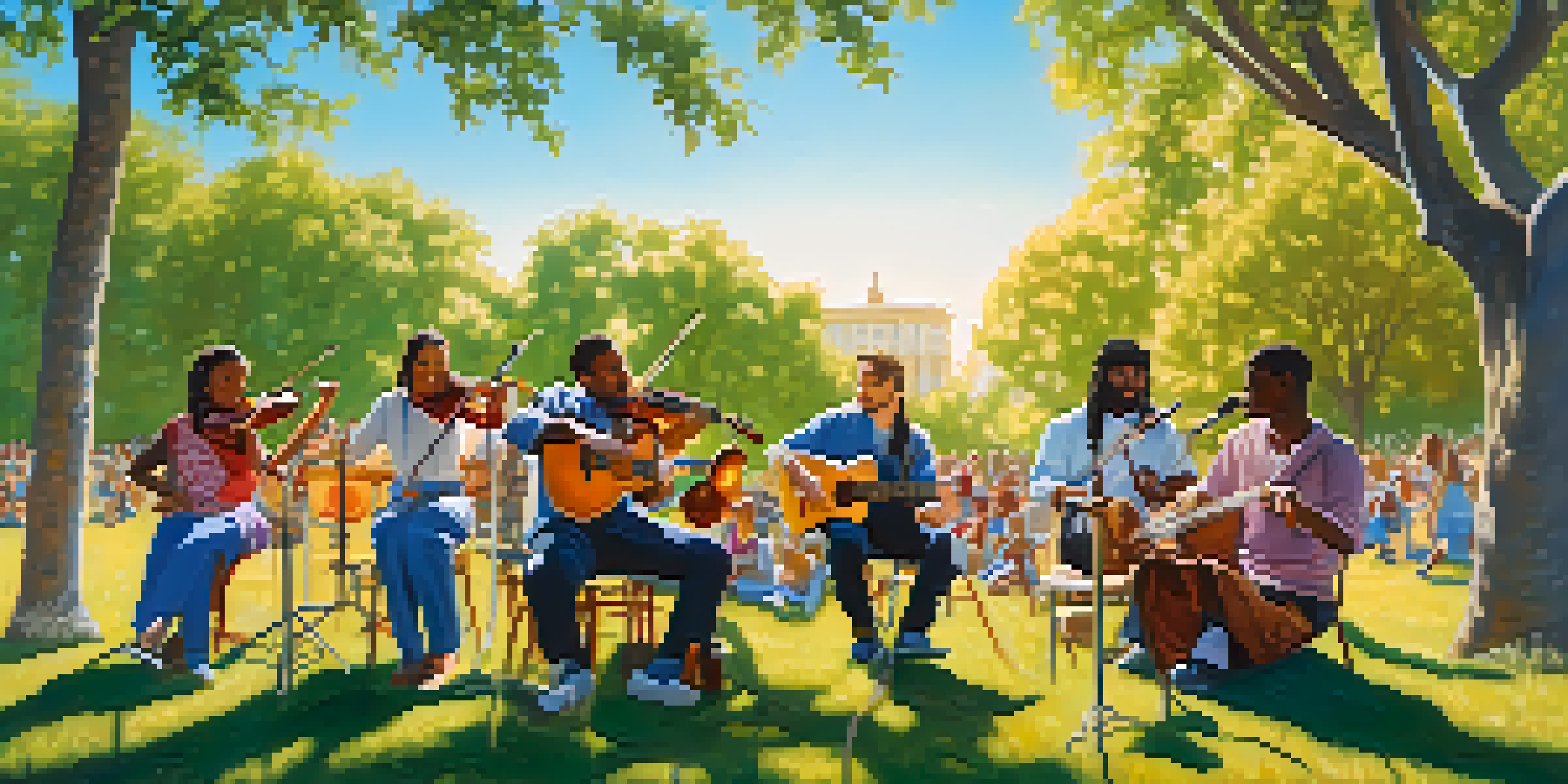 A diverse group of musicians playing instruments together in a sunny park surrounded by nature.