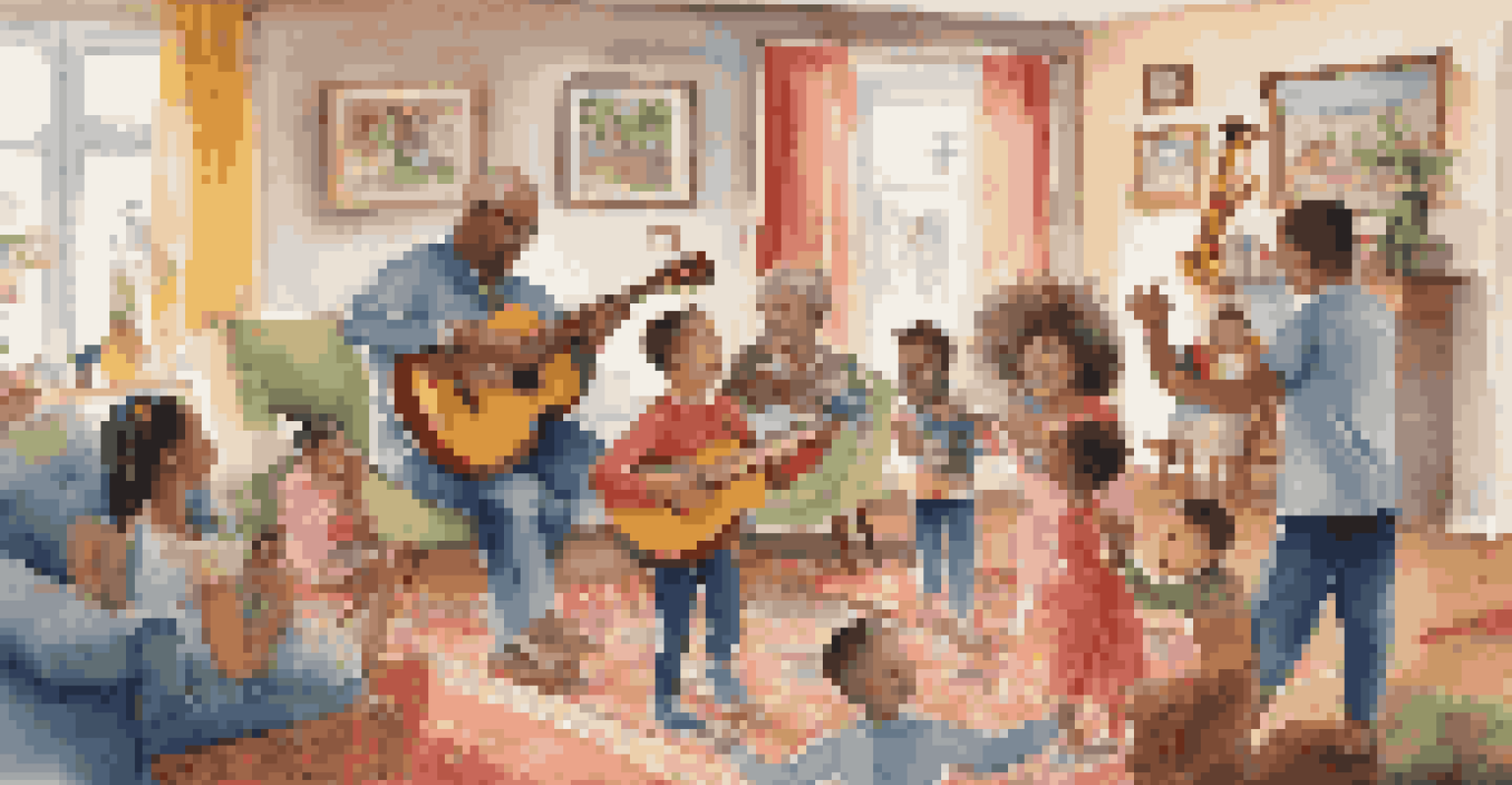 A lively family gathering with members playing instruments and children dancing, highlighting the joy of music and language learning.