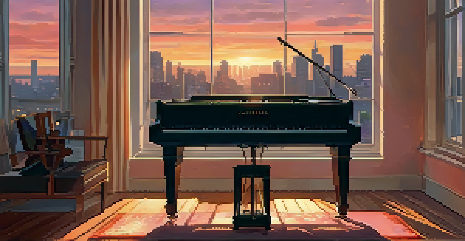 A cozy music studio with a grand piano, sheet music, and a sunset view of a city skyline, evoking the creativity of composing a film soundtrack.