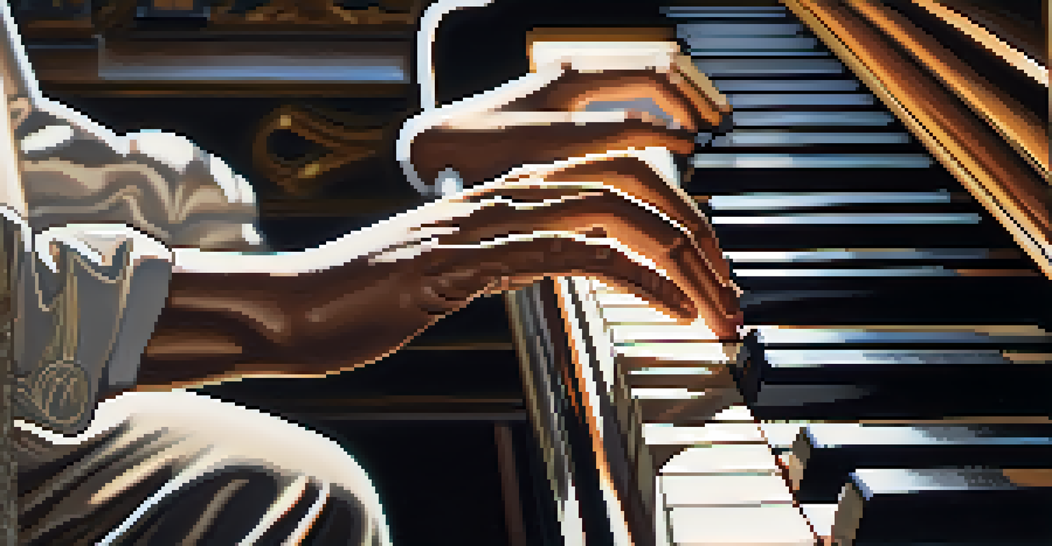 A close-up of a pianist's hands on the keys of a grand piano, illuminated by soft warm lighting, showcasing an intimate musical moment.