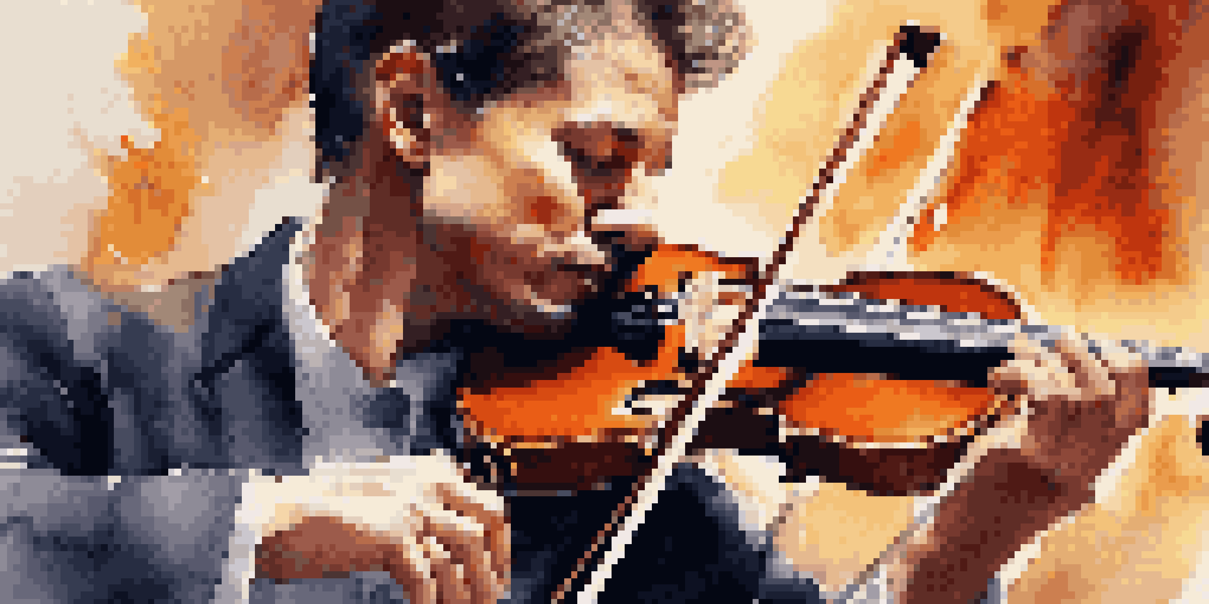 A violinist on stage with expressive facial features, passionately playing their instrument, surrounded by a softly blurred audience and warm stage lights.