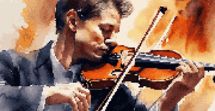 A violinist on stage with expressive facial features, passionately playing their instrument, surrounded by a softly blurred audience and warm stage lights.