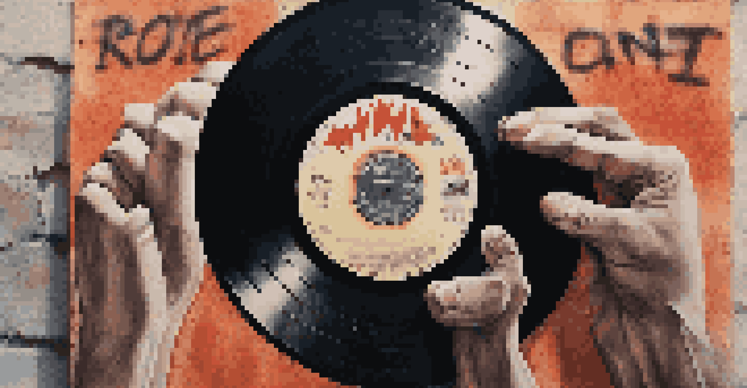 Close-up of hands holding a vinyl record with a raised fist symbol, against a textured graffiti wall representing social movements.