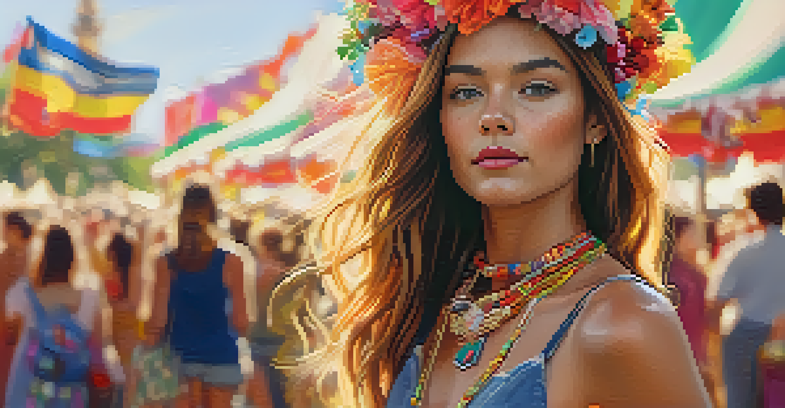 Close-up of a festival-goer's colorful outfit with bold accessories like a flower crown, set against a softly blurred festival background.