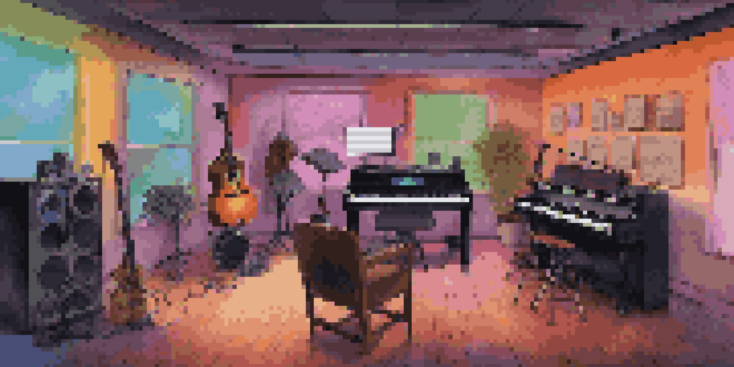A colorful virtual songwriting room with diverse musicians collaborating on music using digital tools.