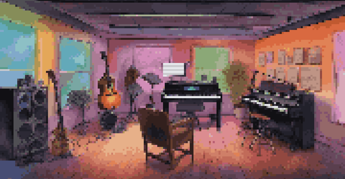 A colorful virtual songwriting room with diverse musicians collaborating on music using digital tools.