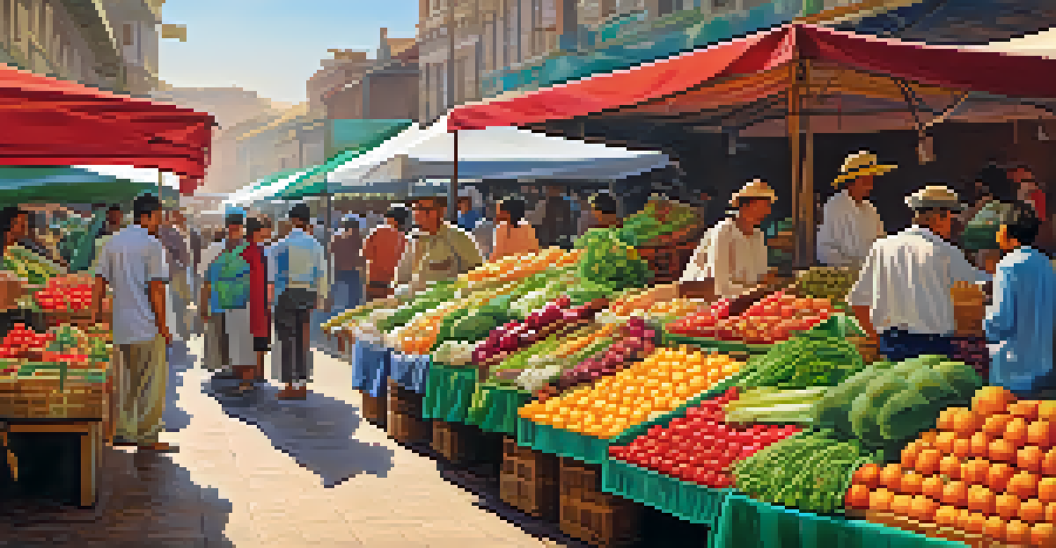 A bustling market filled with colorful fruits and vegetables, with shoppers and vendors interacting.