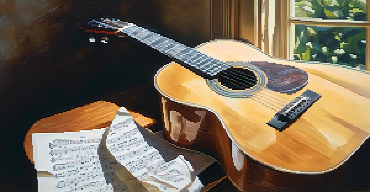 A close-up of an acoustic guitar on a stool, surrounded by sheet music, with soft light illuminating the scene and a garden visible through a window.