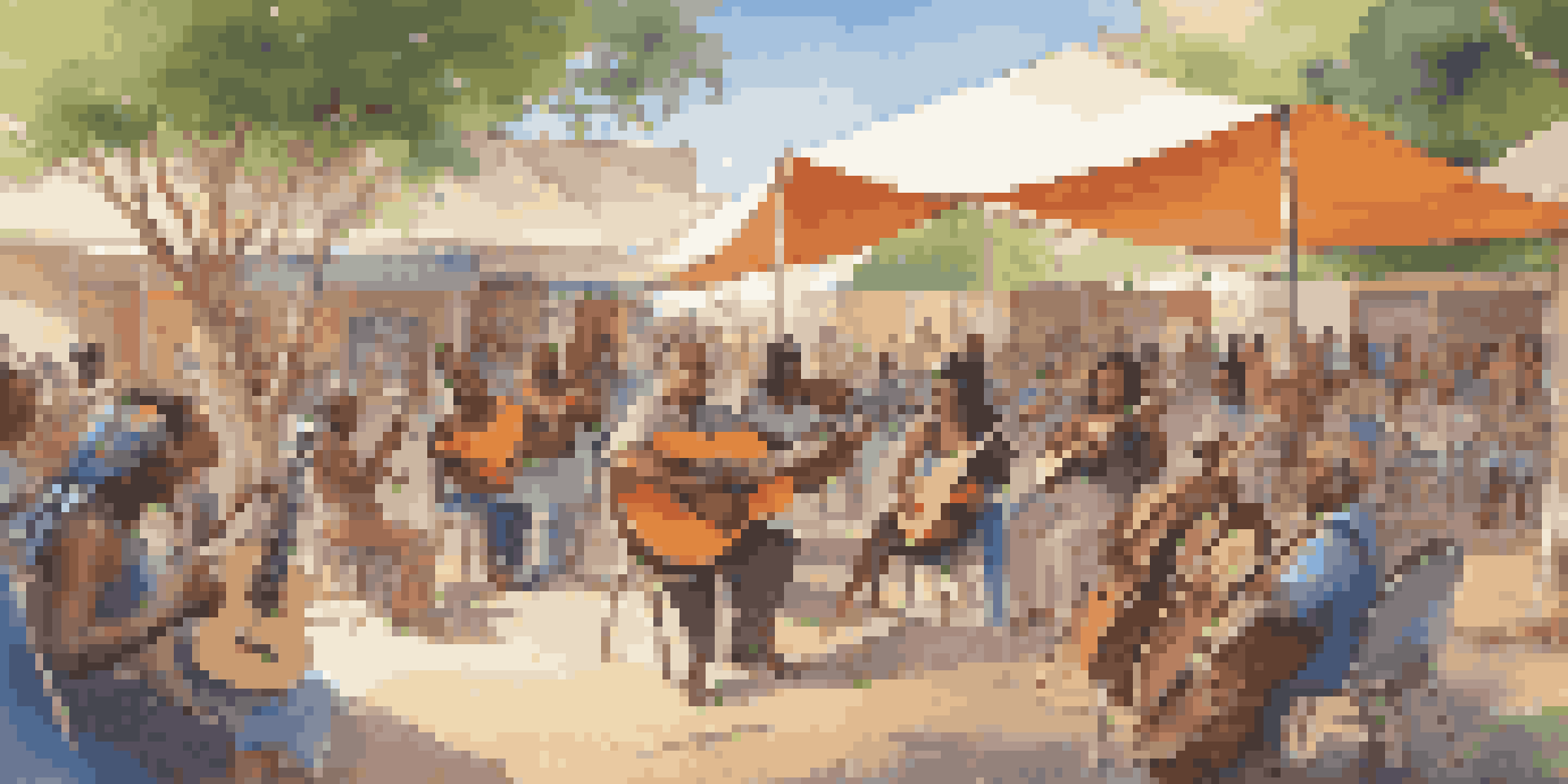 A diverse group of people participating in an outdoor music workshop, playing various instruments in a sunny environment.