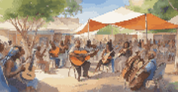 A diverse group of people participating in an outdoor music workshop, playing various instruments in a sunny environment.