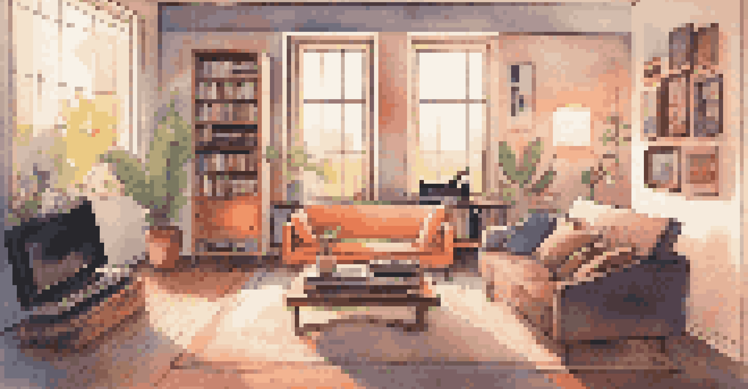 A stylish living room featuring a record player, ambient lighting, and music-themed art on the walls.