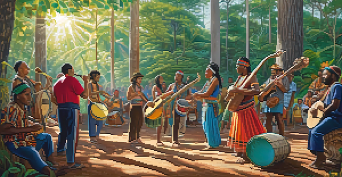 A lively Indigenous music gathering in a forest with musicians playing traditional instruments and an audience enjoying the performance.