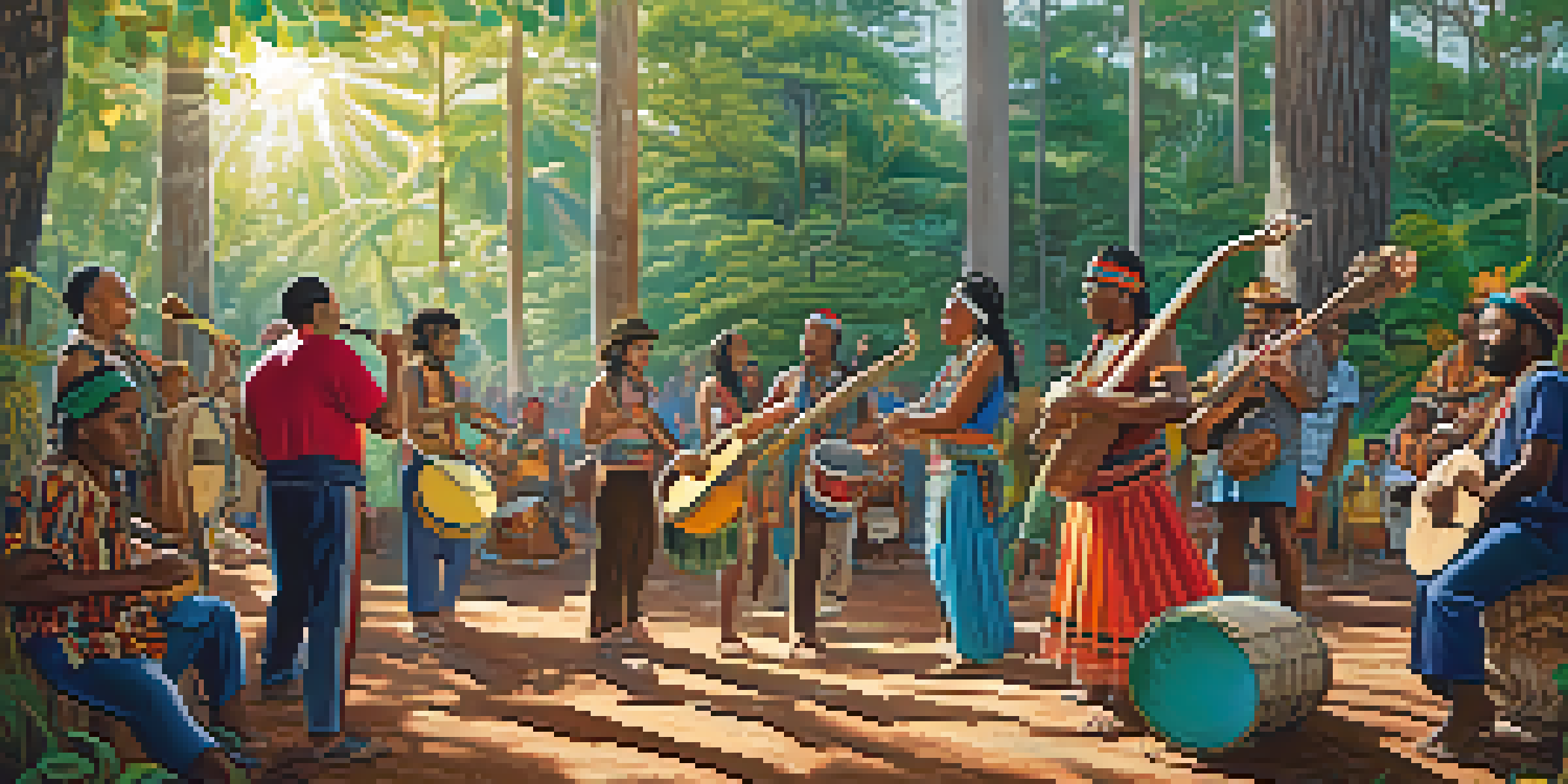 A lively Indigenous music gathering in a forest with musicians playing traditional instruments and an audience enjoying the performance.
