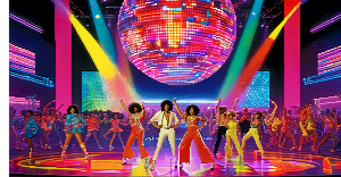 A lively 1980s music video set with dancers in colorful costumes, surrounded by neon lights and a large screen displaying iconic imagery.