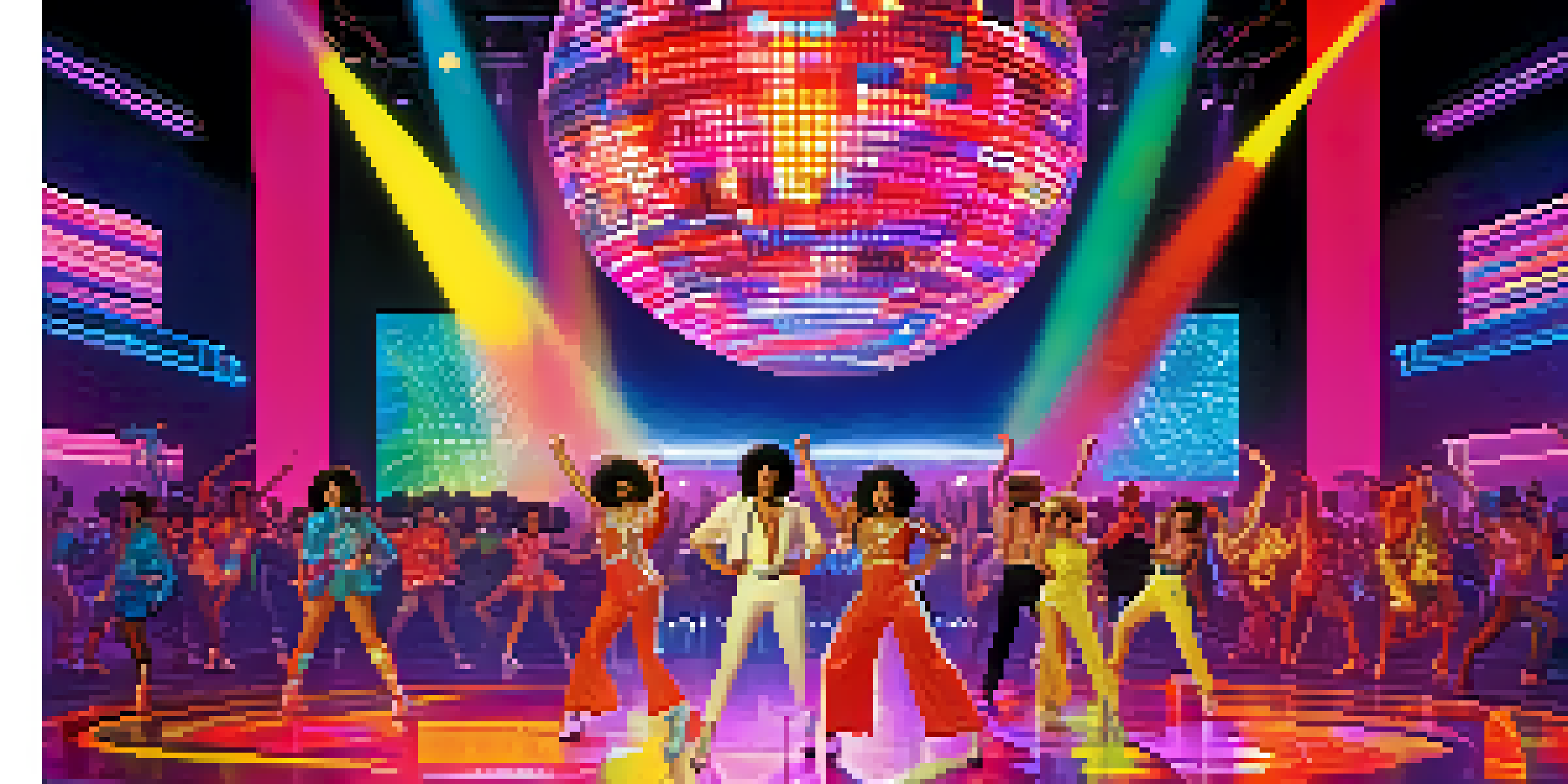 A lively 1980s music video set with dancers in colorful costumes, surrounded by neon lights and a large screen displaying iconic imagery.