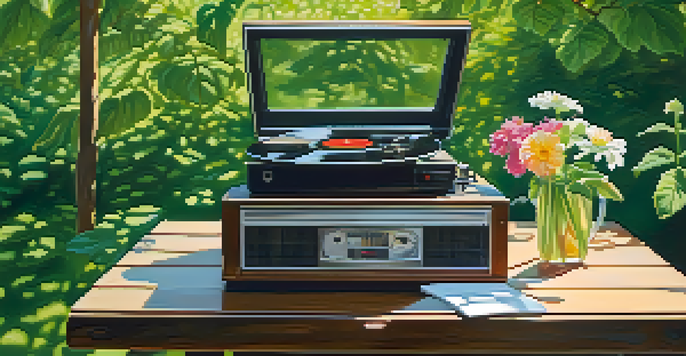 An outdoor picnic scene with a vintage record player on a table, surrounded by greenery and colorful flowers, illuminated by soft sunlight.