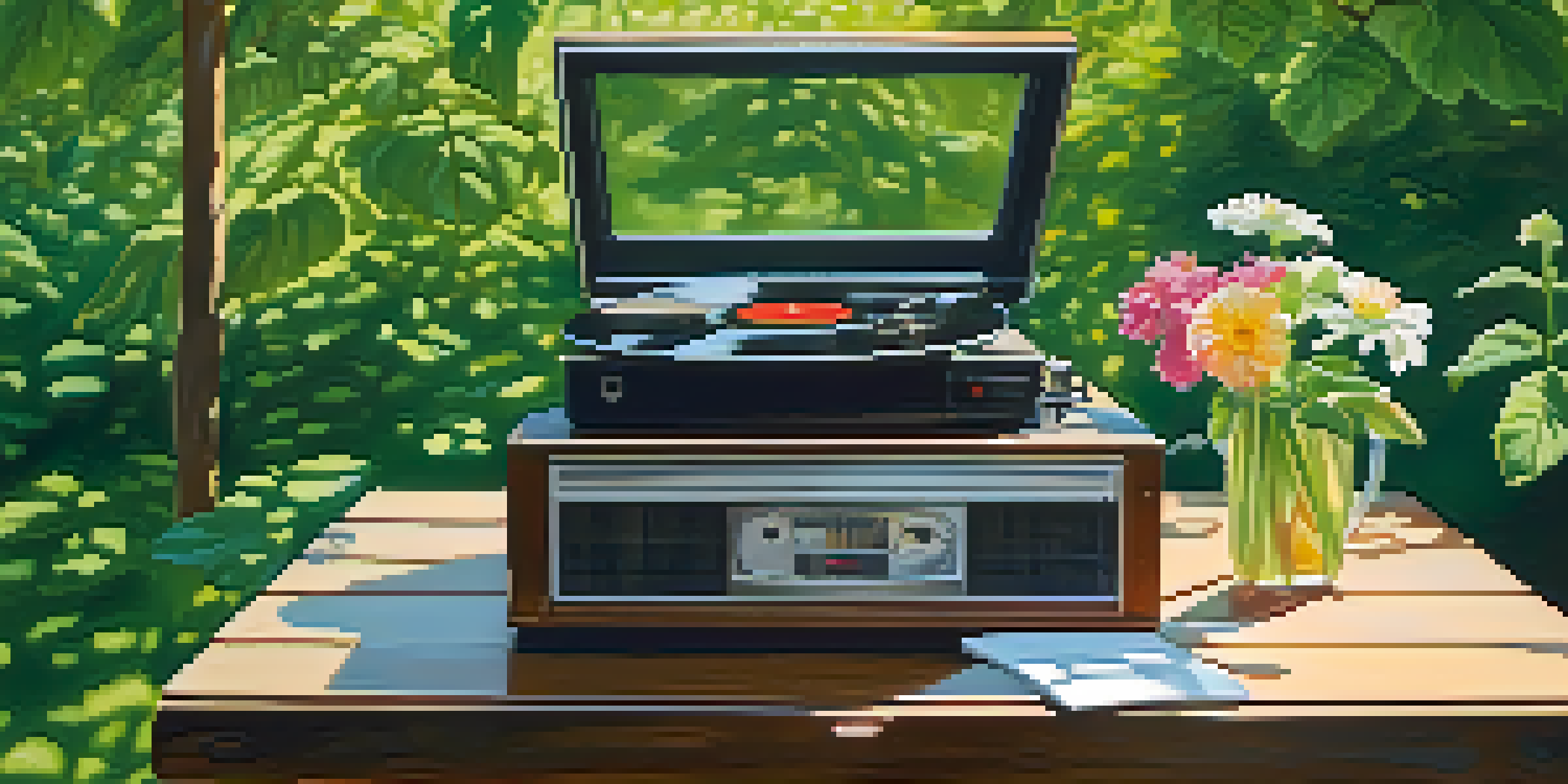 An outdoor picnic scene with a vintage record player on a table, surrounded by greenery and colorful flowers, illuminated by soft sunlight.