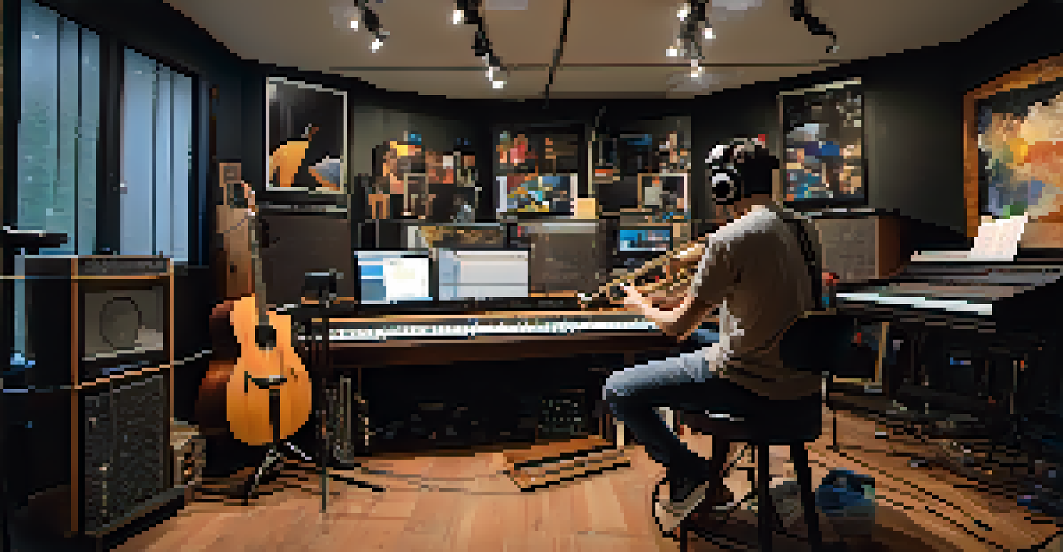 A split-screen image of a musician recording in a studio and sharing a behind-the-scenes moment on social media.