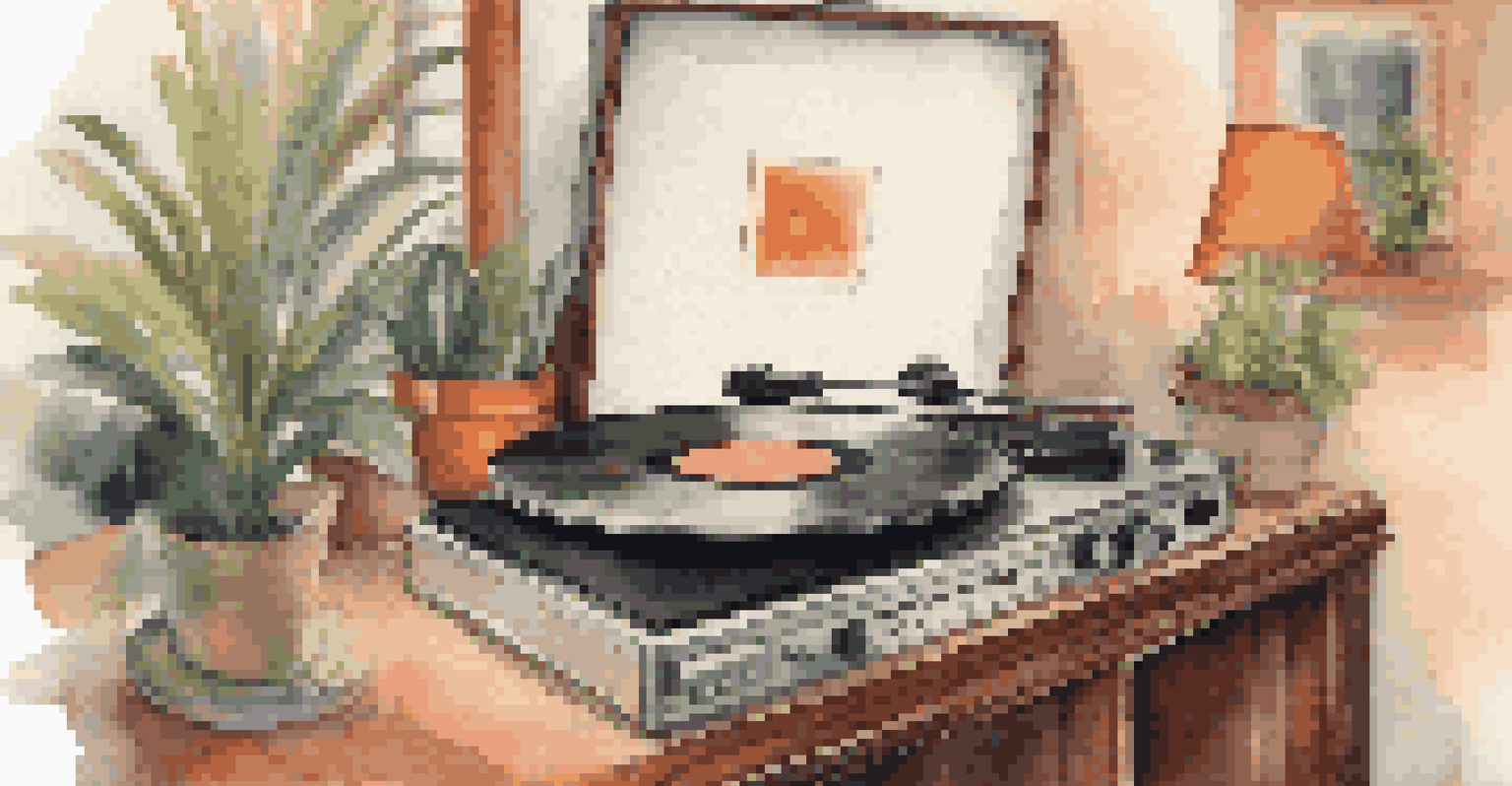 A close-up of a hand holding a vinyl record, surrounded by a cozy living room filled with plants.