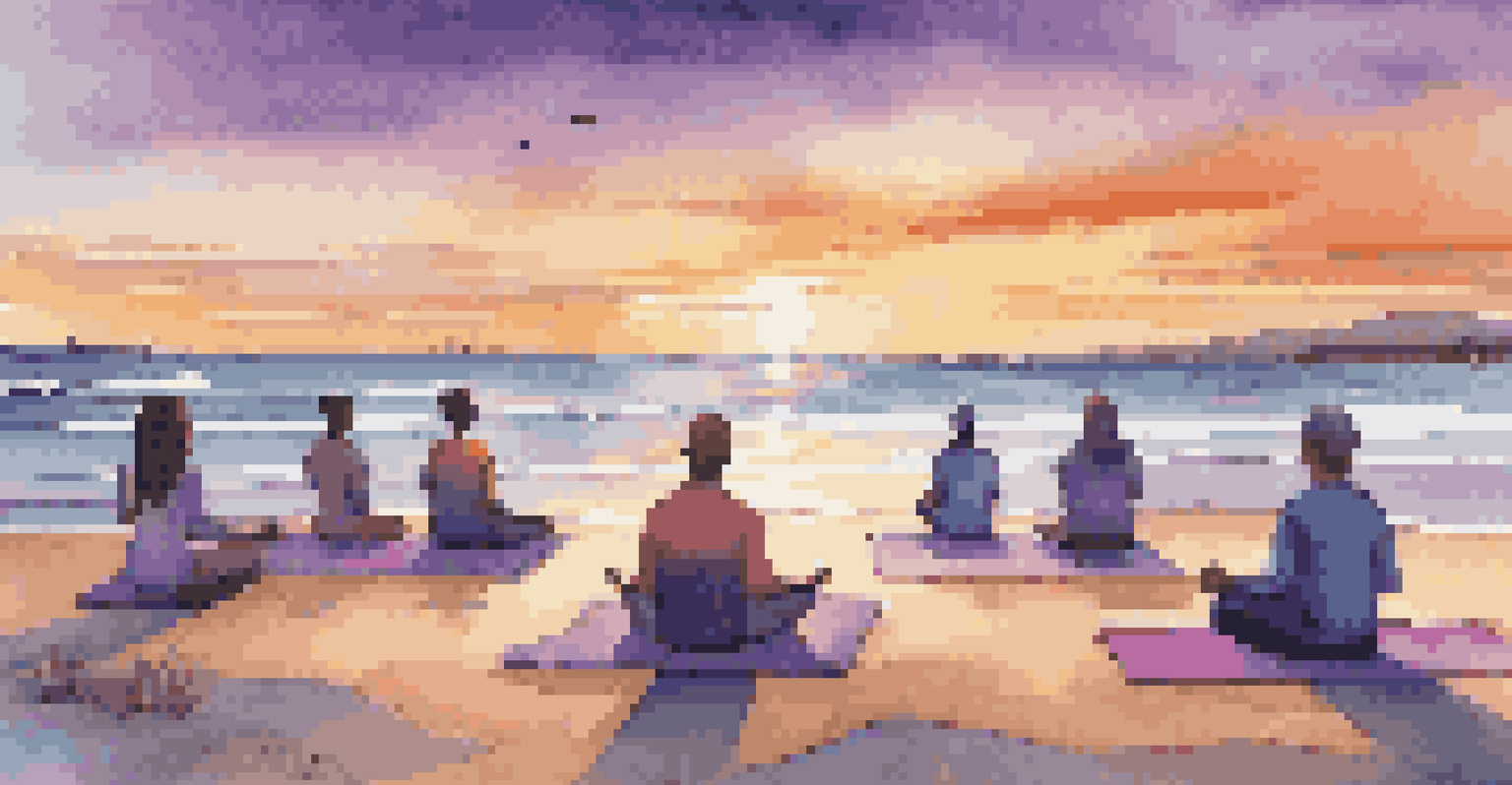 A person meditating on the beach at sunset, with waves and vibrant colors in the sky.