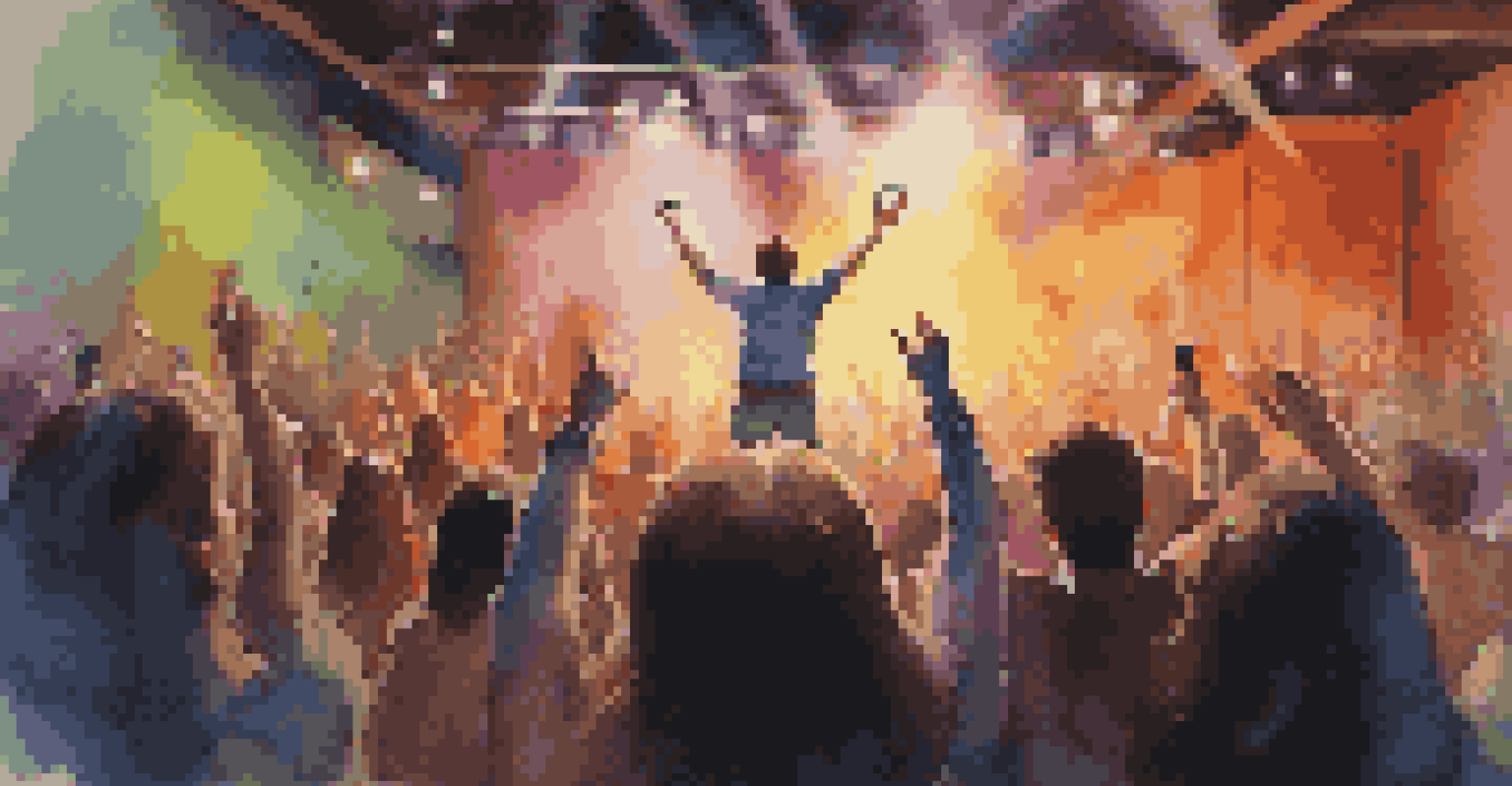 An artist performing live in a small venue, with colorful lighting and an enthusiastic audience engaged in the performance.