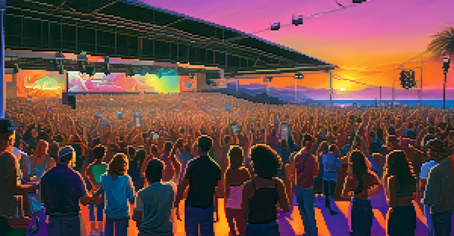 A lively outdoor concert at sunset, with a crowd dancing and a band performing on stage, surrounded by colorful lights.