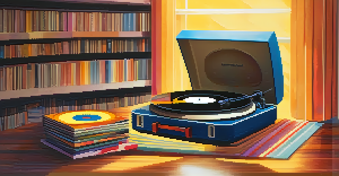 A vintage record player with a vinyl record spinning, surrounded by colorful album covers in a warmly lit room.