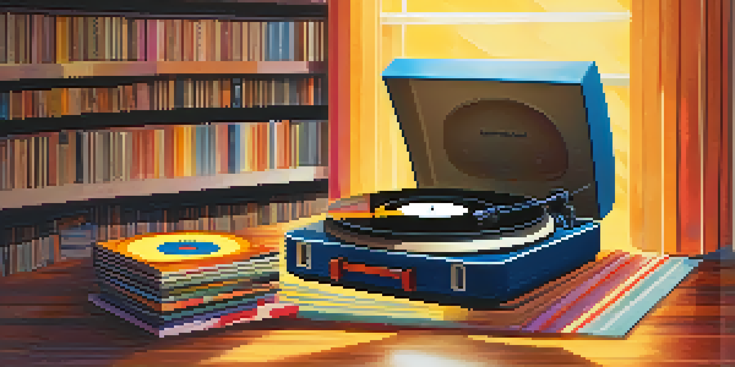 A vintage record player with a vinyl record spinning, surrounded by colorful album covers in a warmly lit room.