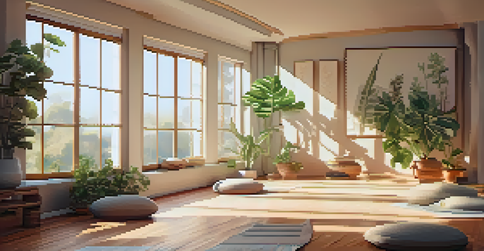 A peaceful meditation space with a yoga mat, cushions, and indoor plants, bathed in warm sunlight, representing tranquility and relaxation.