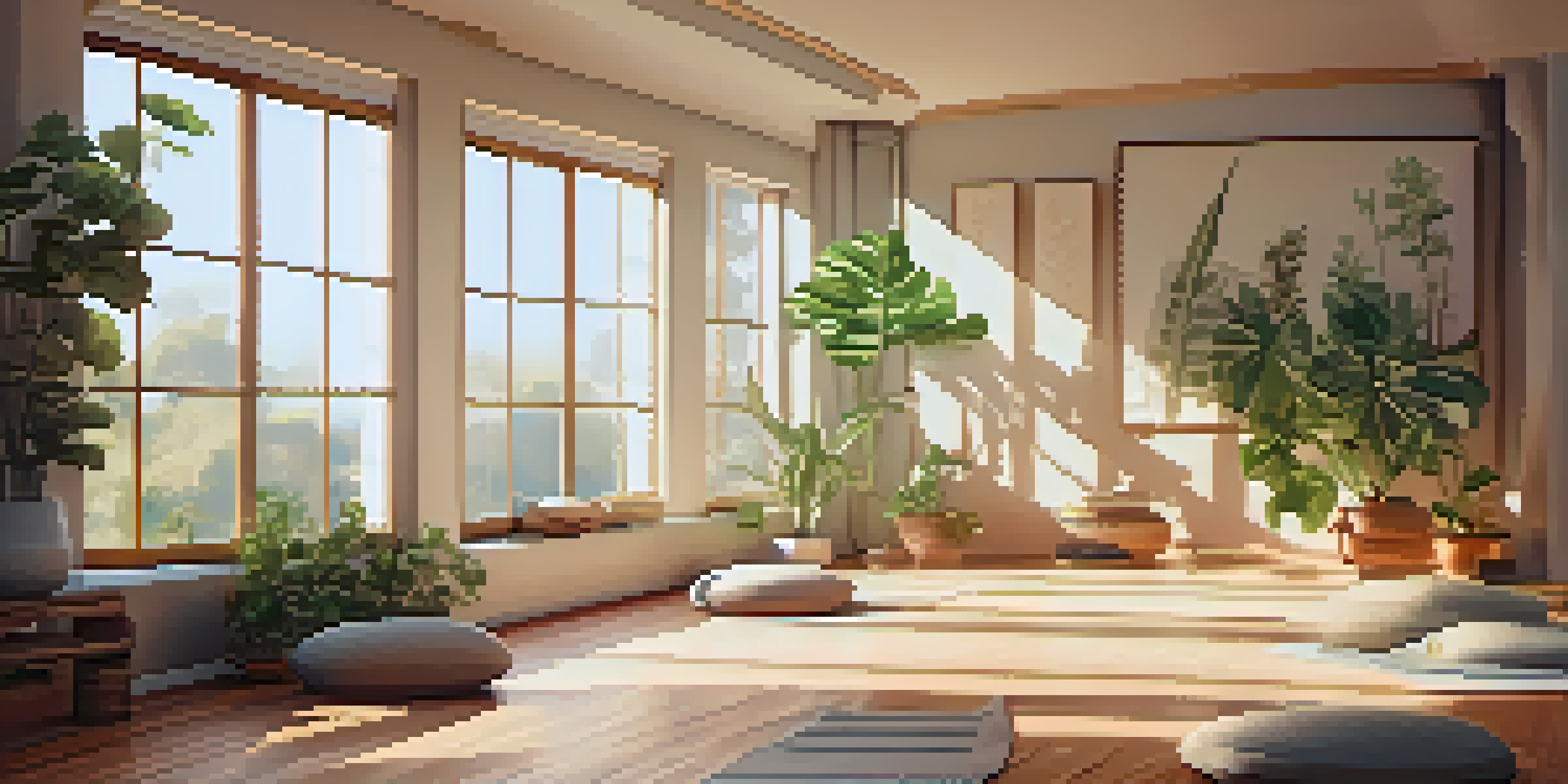 A peaceful meditation space with a yoga mat, cushions, and indoor plants, bathed in warm sunlight, representing tranquility and relaxation.