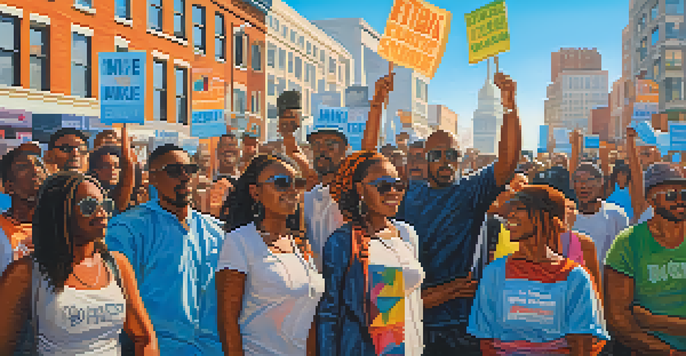 A diverse group of people peacefully protesting in a city, holding colorful signs advocating for social change under a bright blue sky.