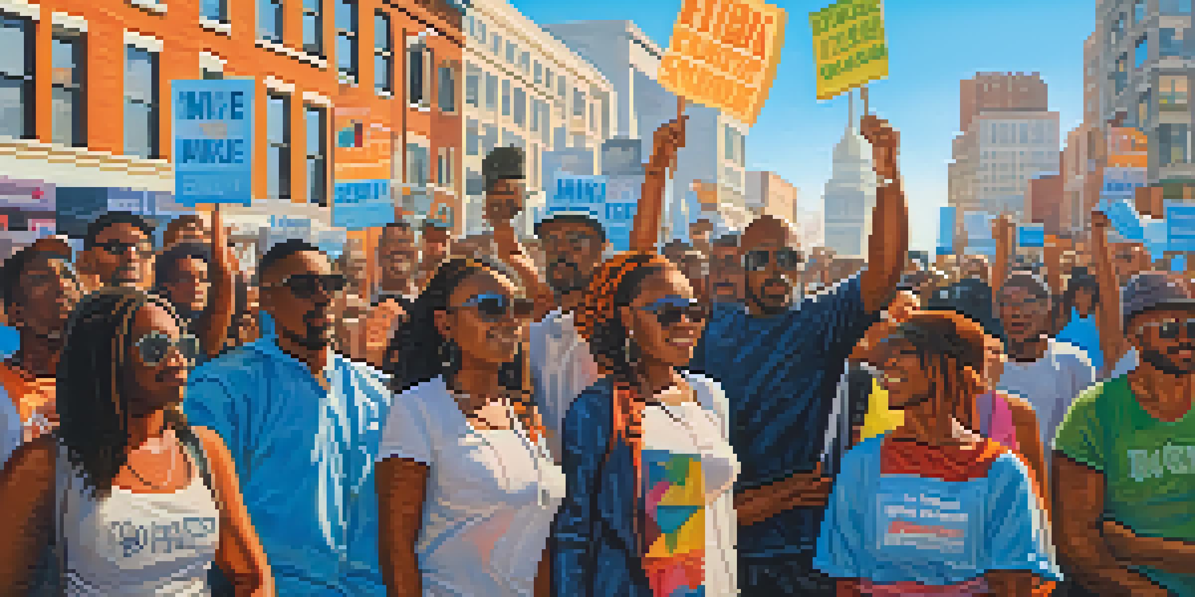 A diverse group of people peacefully protesting in a city, holding colorful signs advocating for social change under a bright blue sky.
