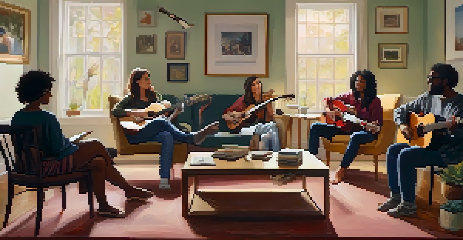 A music therapy session in a cozy room, with a therapist guiding individuals in songwriting, creating a calming and connected atmosphere.