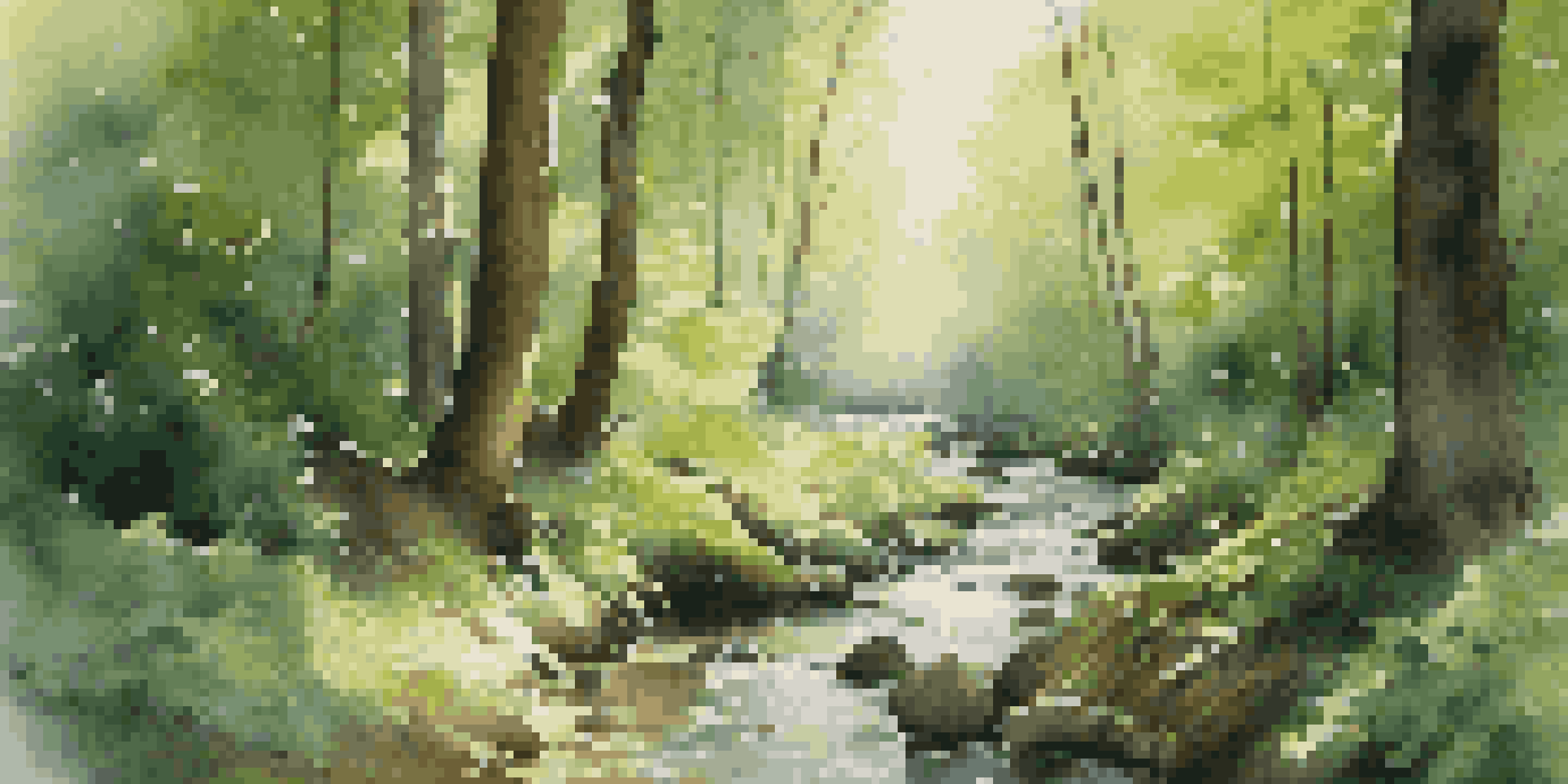 A peaceful forest scene with green trees, sunlight filtering through leaves, and a flowing stream, illustrating a calming soundscape.