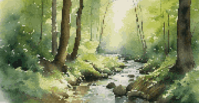 A peaceful forest scene with green trees, sunlight filtering through leaves, and a flowing stream, illustrating a calming soundscape.
