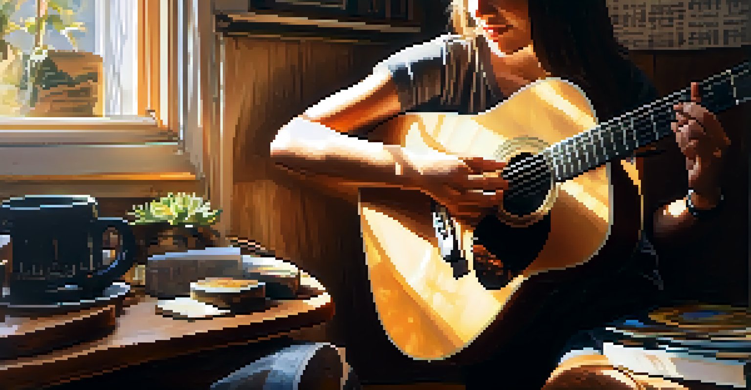 A young person playing an acoustic guitar in a sunlit room filled with personal items.