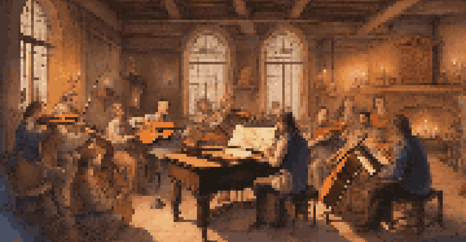 A Renaissance music scene with composers experimenting with harmony, surrounded by instruments and illuminated by candlelight.
