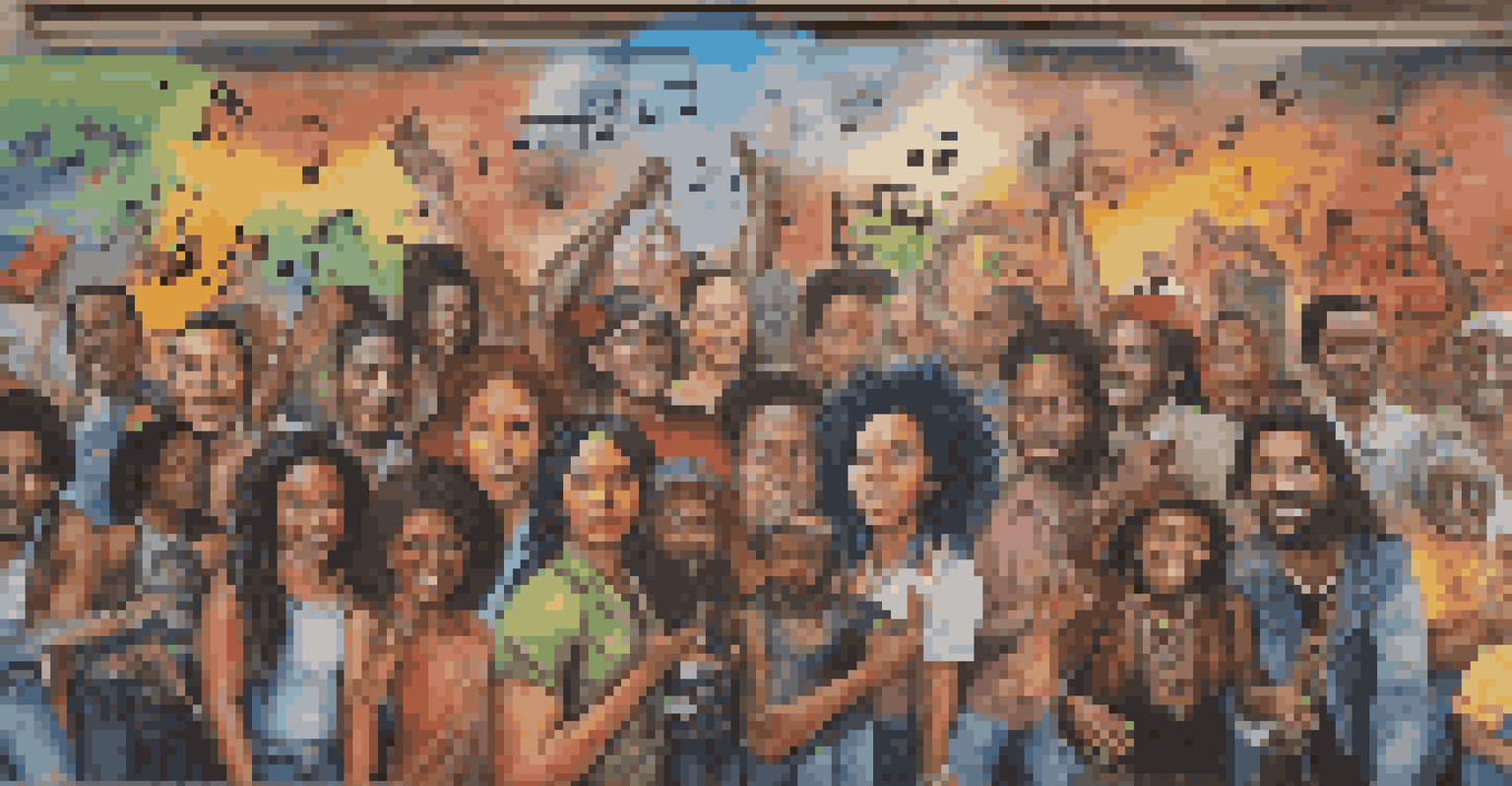 A colorful mural of historical music icons advocating for social change, with people admiring the artwork.
