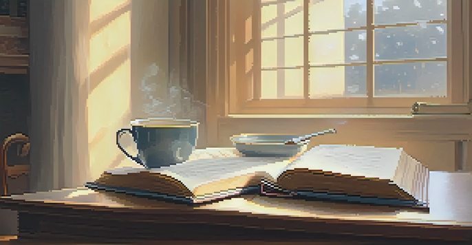 A cozy study room with sunlight, a wooden desk, an open book, and a cup of tea, symbolizing tranquility and focus.