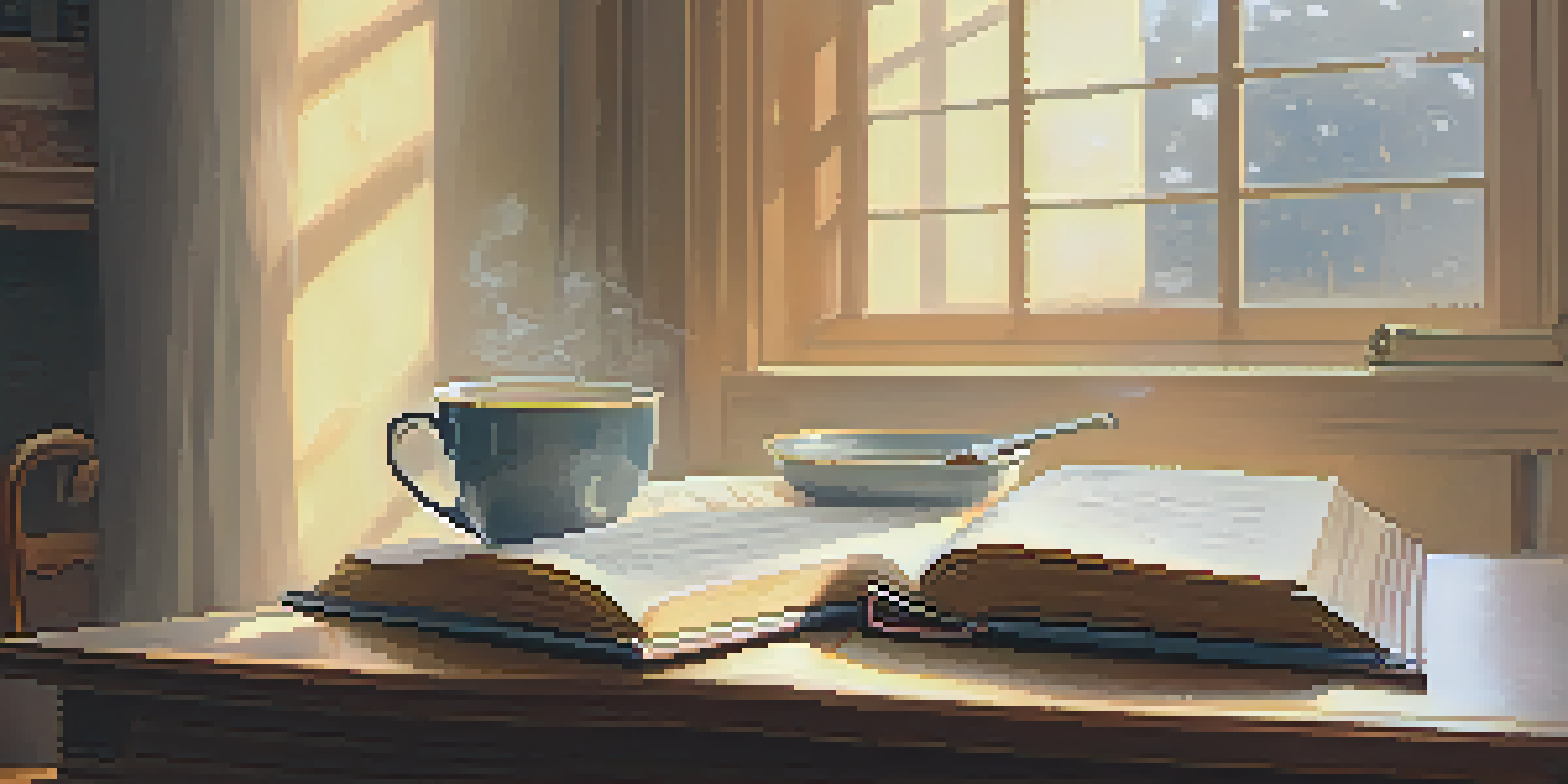 A cozy study room with sunlight, a wooden desk, an open book, and a cup of tea, symbolizing tranquility and focus.