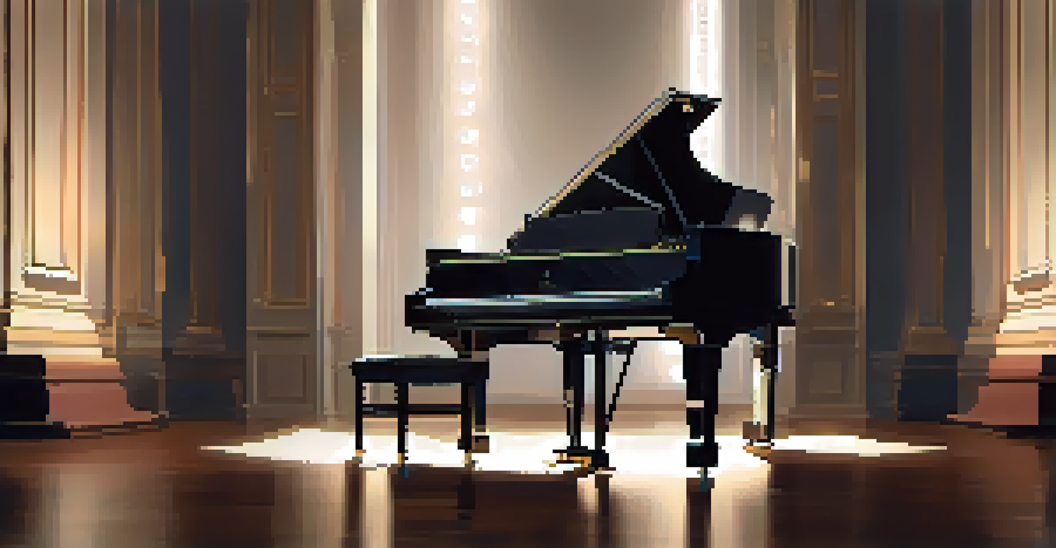 An abstract image of a grand piano with floating musical notes and blank spaces symbolizing silence, on a dark background.