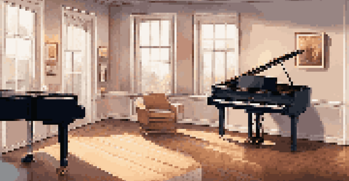 A vocal training studio featuring a singer practicing with a smartphone, soft lighting, and a grand piano.