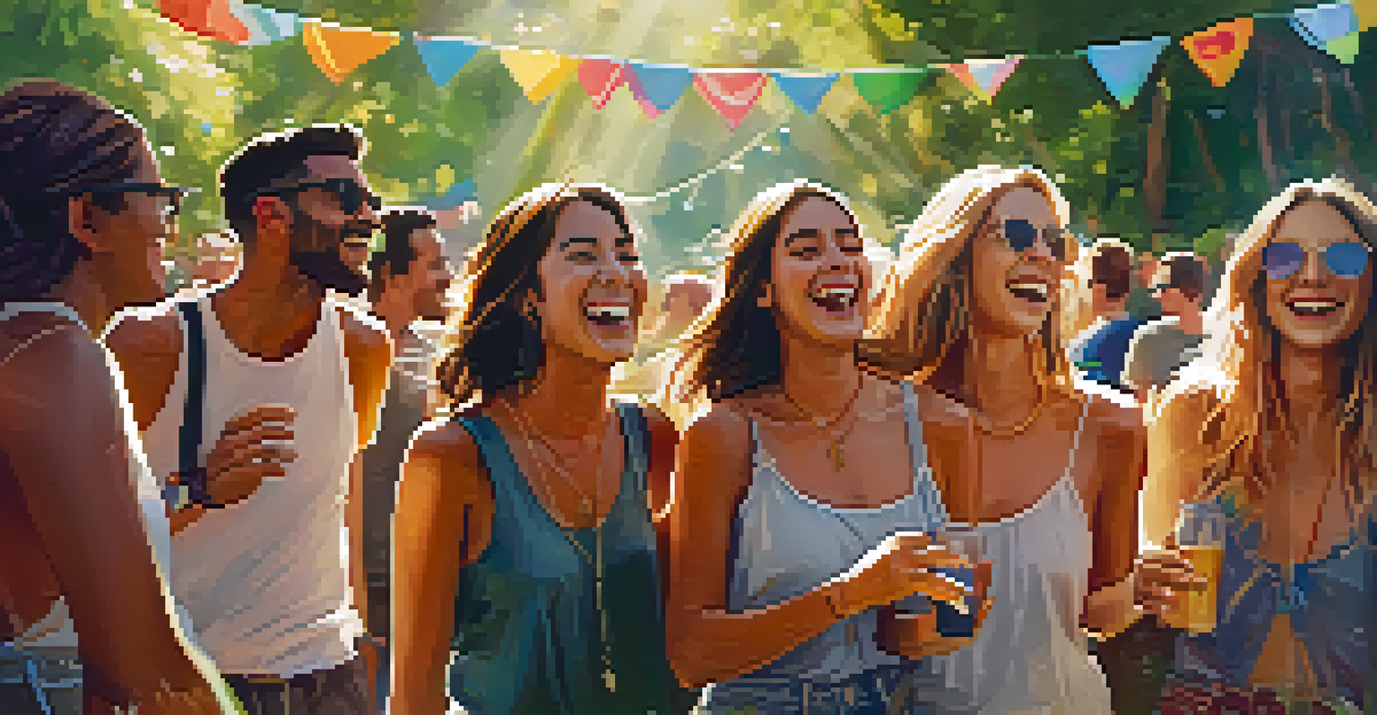 A group of friends laughing and dancing at a music festival, surrounded by greenery and sunlight filtering through the trees.