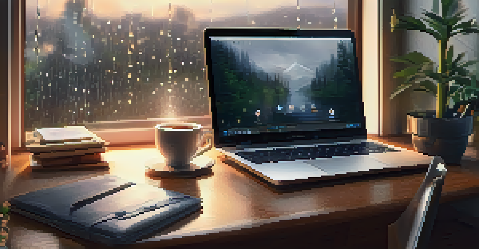 A calm workspace with a laptop displaying a productivity app, raindrops on a window, warm lighting, and a cup of tea.