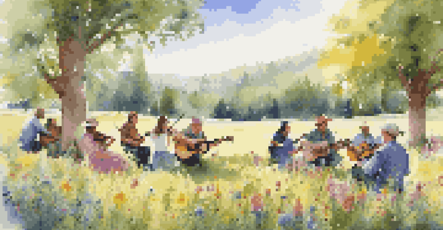 A joyful outdoor music gathering in a meadow, with people playing instruments amidst wildflowers and trees, celebrating nature and music.