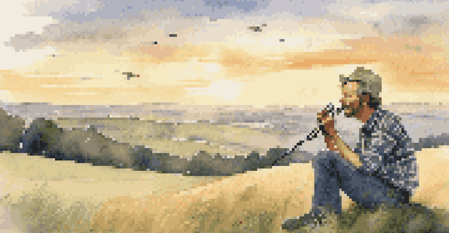 A person playing a harmonica on a grassy hill during sunset.