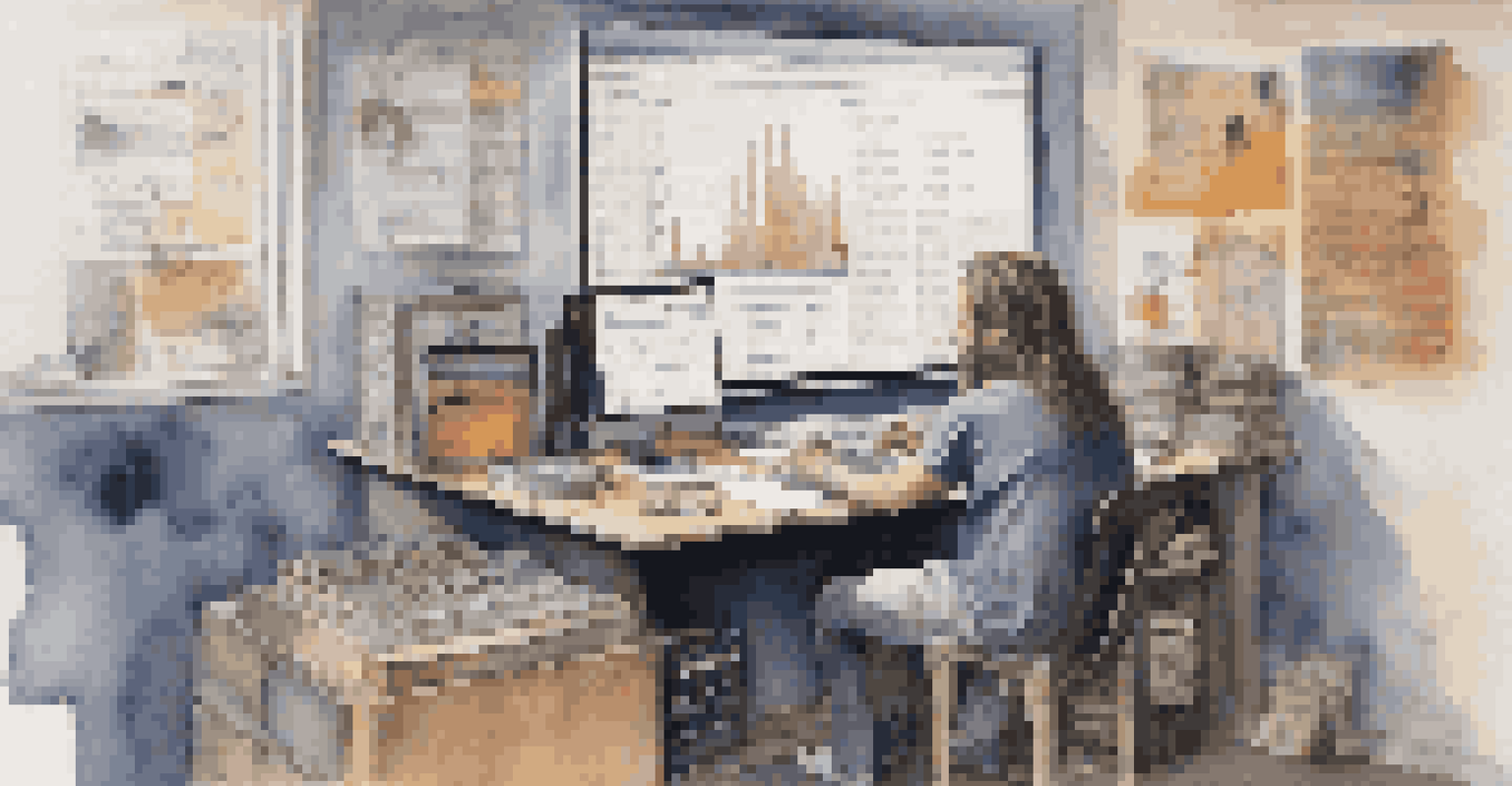 An independent musician at a desk with a laptop, surrounded by musical notes and artwork, studying audience data.